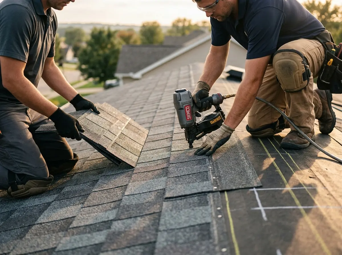 Professional roofer working on a residential roof in Summerville